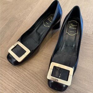 Roger Vivier Black Patent Leather Classic Formal Block Heels size 37